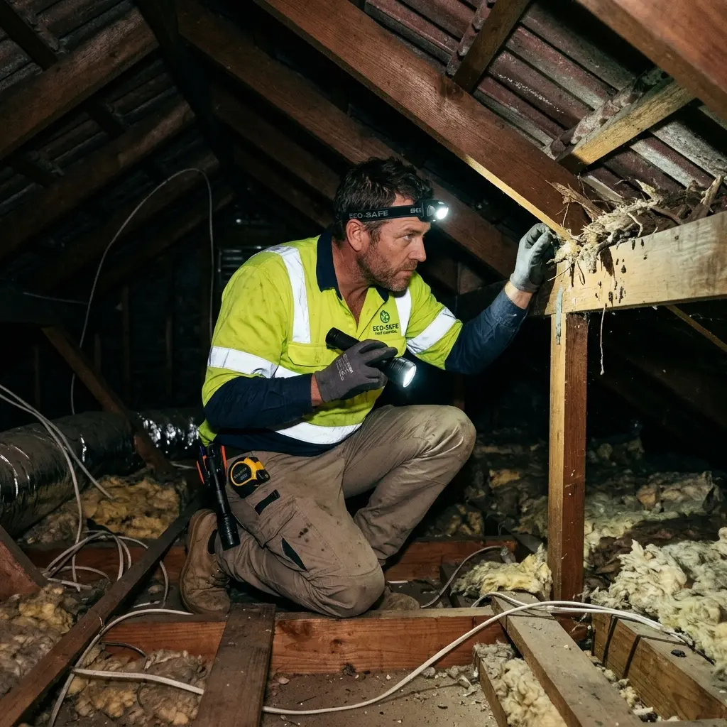 Technician inspecting a roof cavity for a dead animal in Monbulk