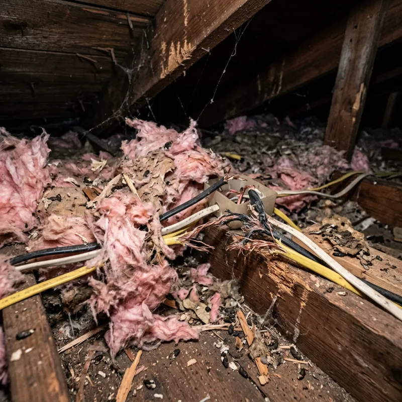 Contaminated ceiling insulation being assessed in a Monbulk roof space