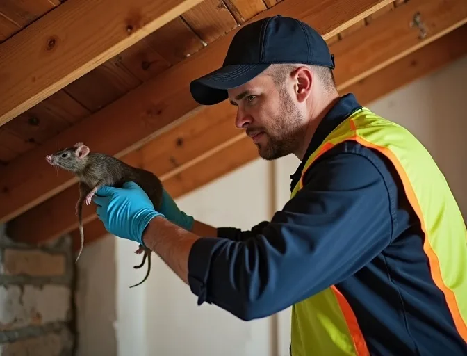 Technician inspecting a roof cavity for a dead rat in Monbulk